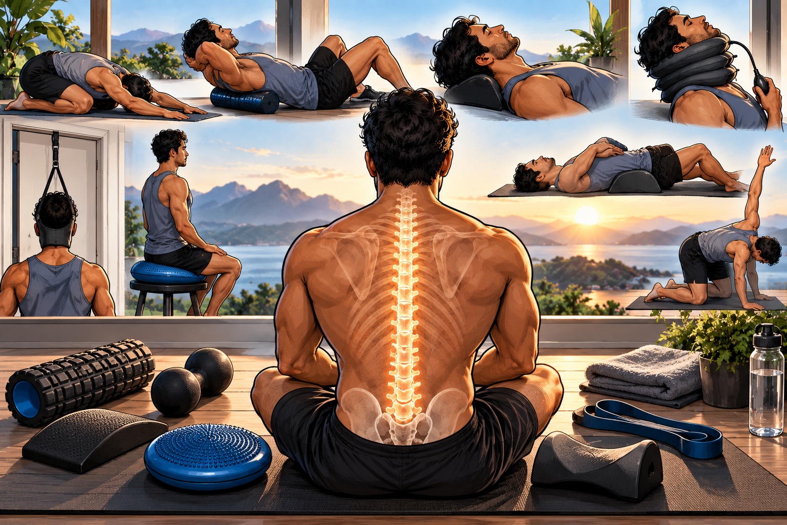 Daily Spine Routine overview with mobility, release, support and traction tools.