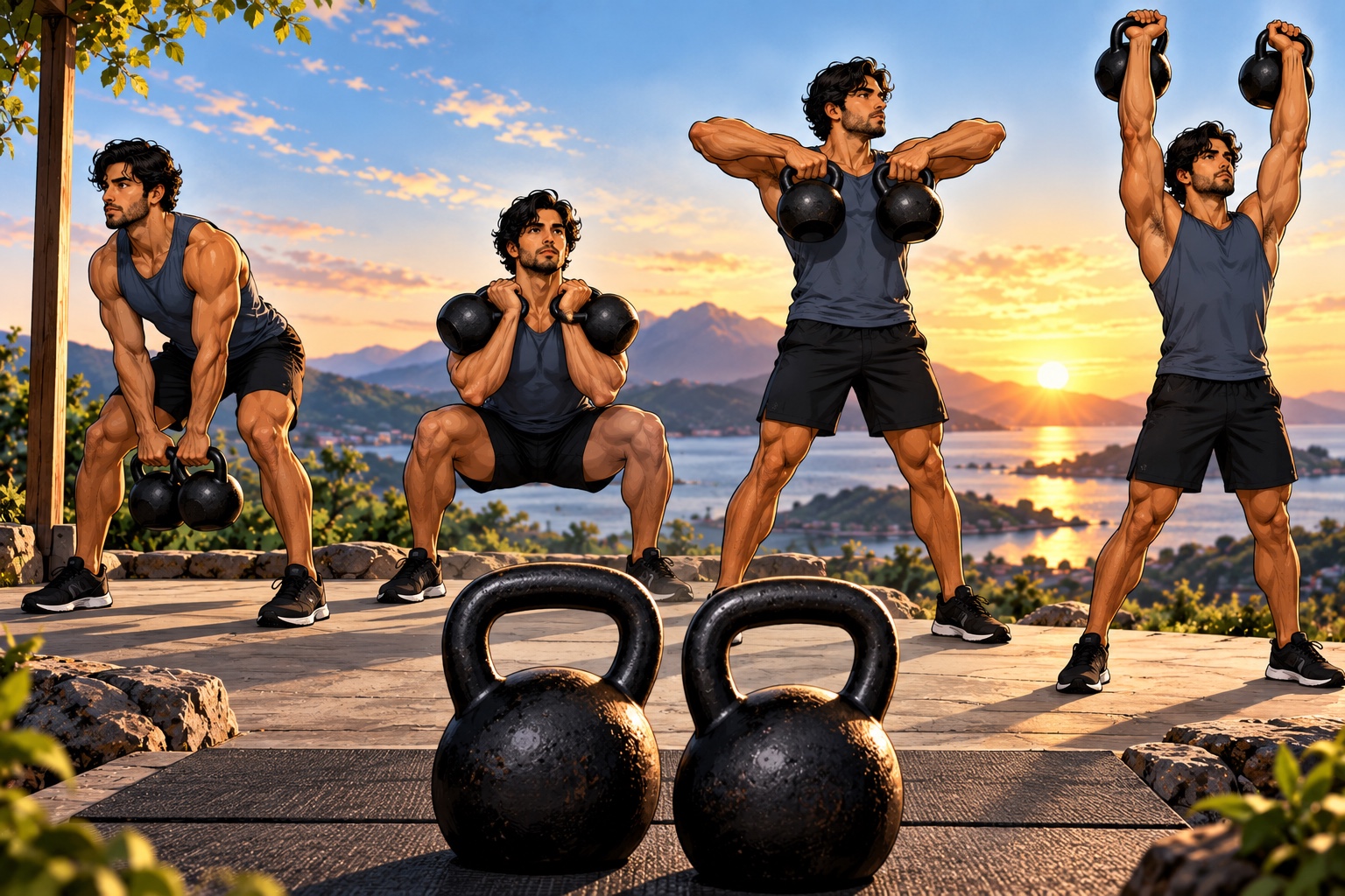 Two-bell strength workout collage showing swings, squats, high pulls, and clean and press movements.