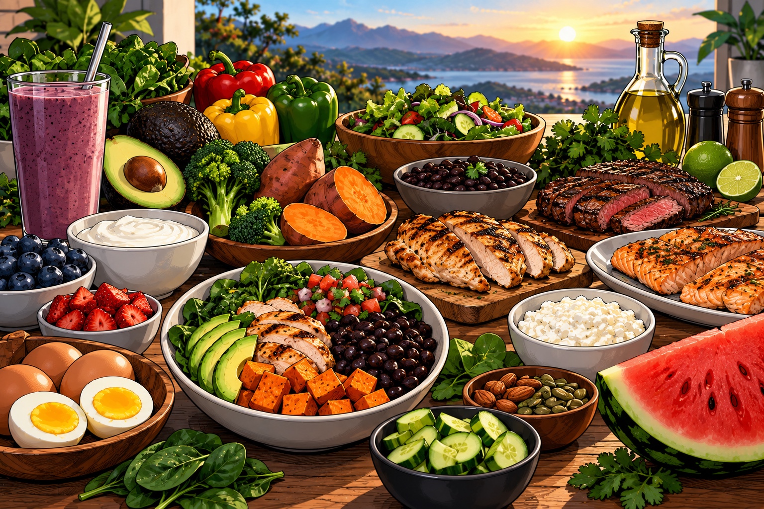 Whole-food table with proteins, vegetables, fruit, beans, yogurt and other practical meal components.