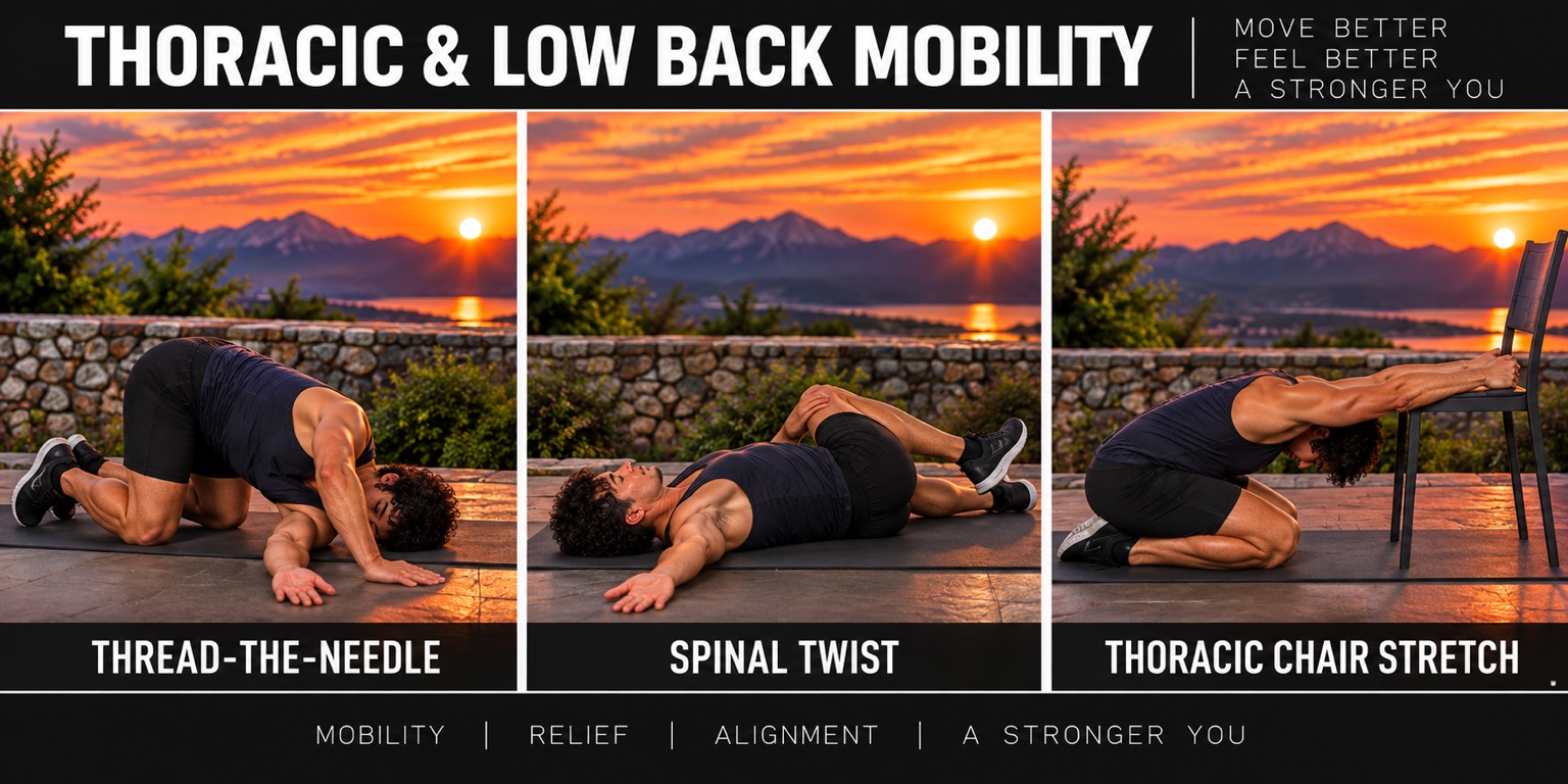 Thoracic and low-back mobility: Thread-the-Needle, spinal twist, and thoracic chair stretch