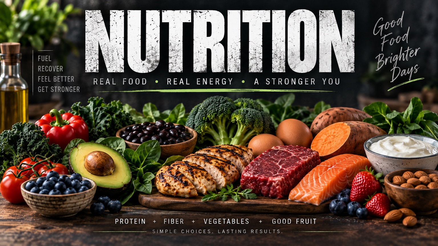 Nutrition graphic: protein plus fiber plus vegetables plus good fruit.