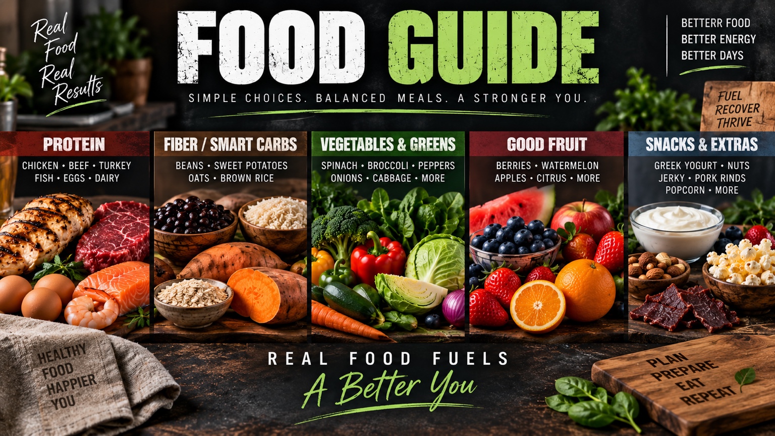 Food Guide graphic organized into protein, fiber and smart carbs, vegetables and greens, good fruit, and snacks and extras.