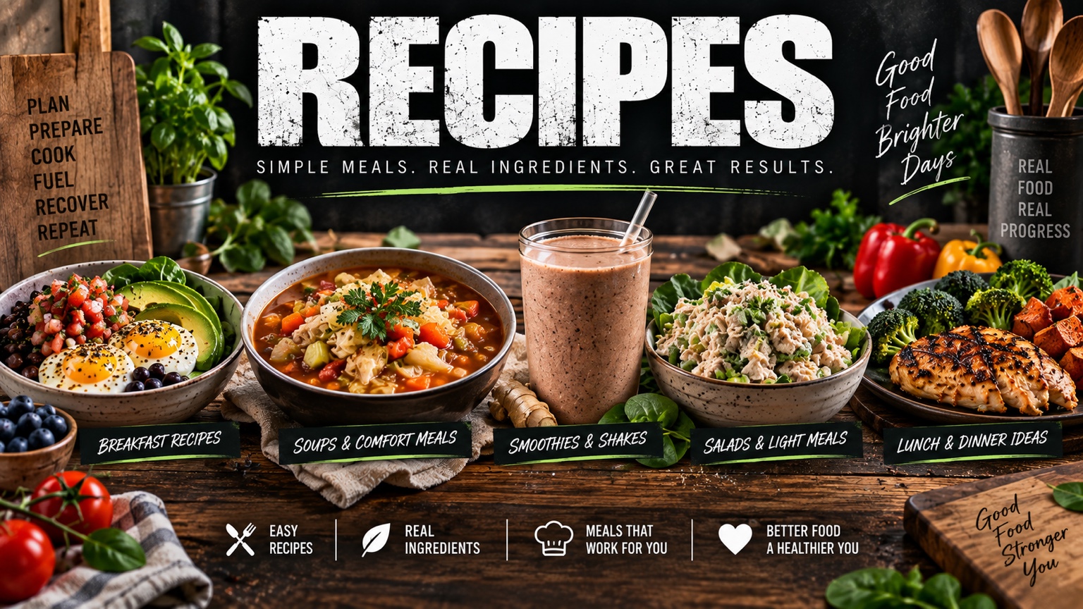 Recipes graphic featuring breakfast, soup, shake, salad and lunch or dinner ideas.