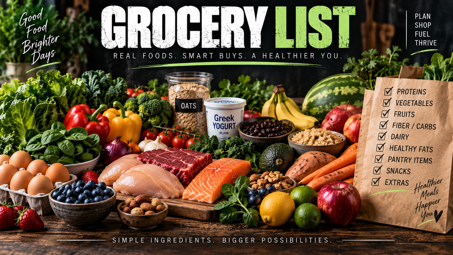 Grocery List graphic with proteins, vegetables, fruit, fiber and carbs, dairy, healthy fats, pantry items, snacks and extras.