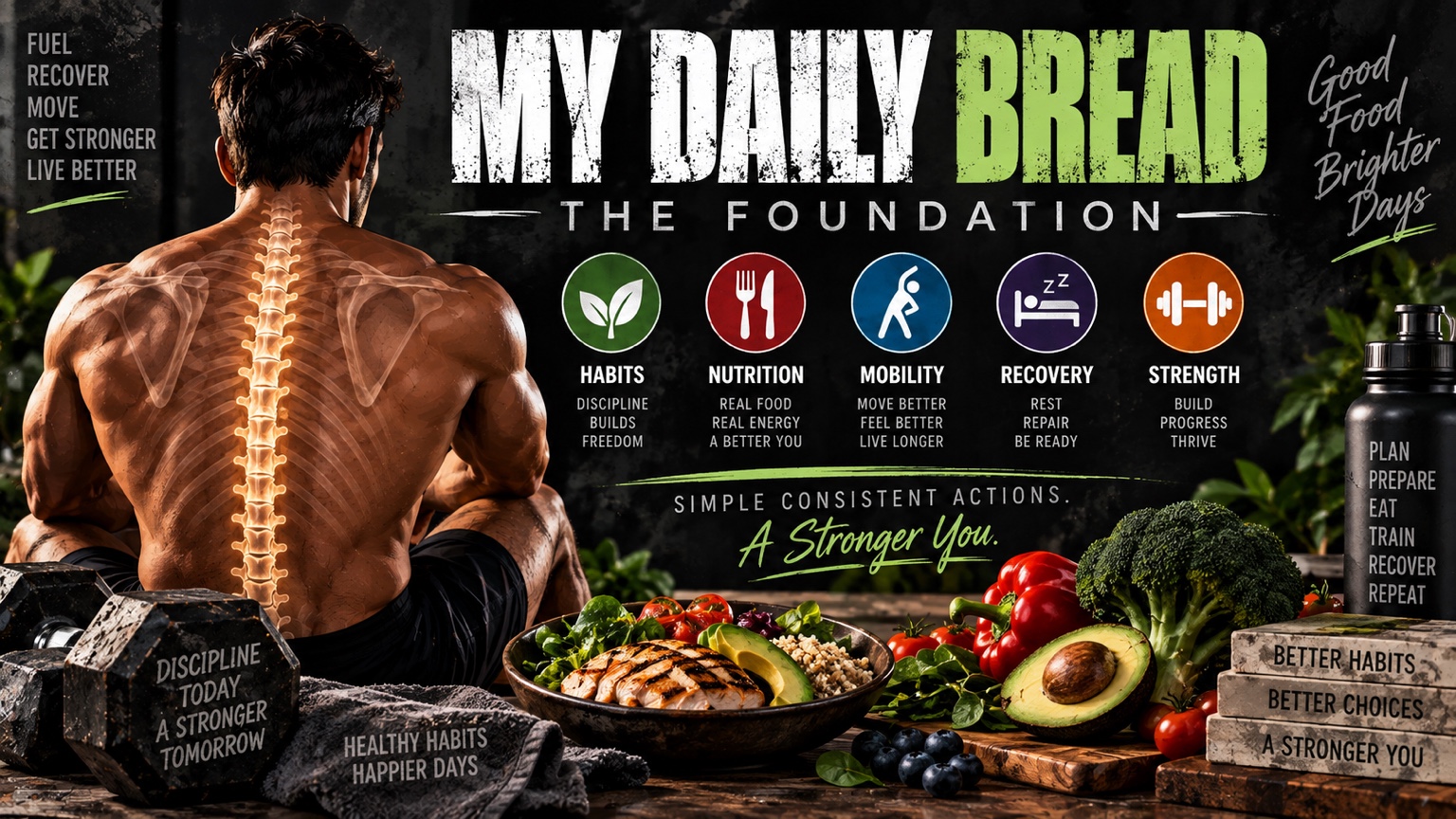 My Daily Bread — The Foundation graphic featuring the five pillars: habits, nutrition, mobility, recovery, and strength.